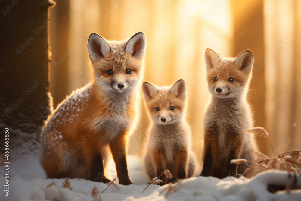 Fototapeta premium Cute fluffy red mama fox and baby fox in snowy winter forest on sunny evening. Wild animals in nature.