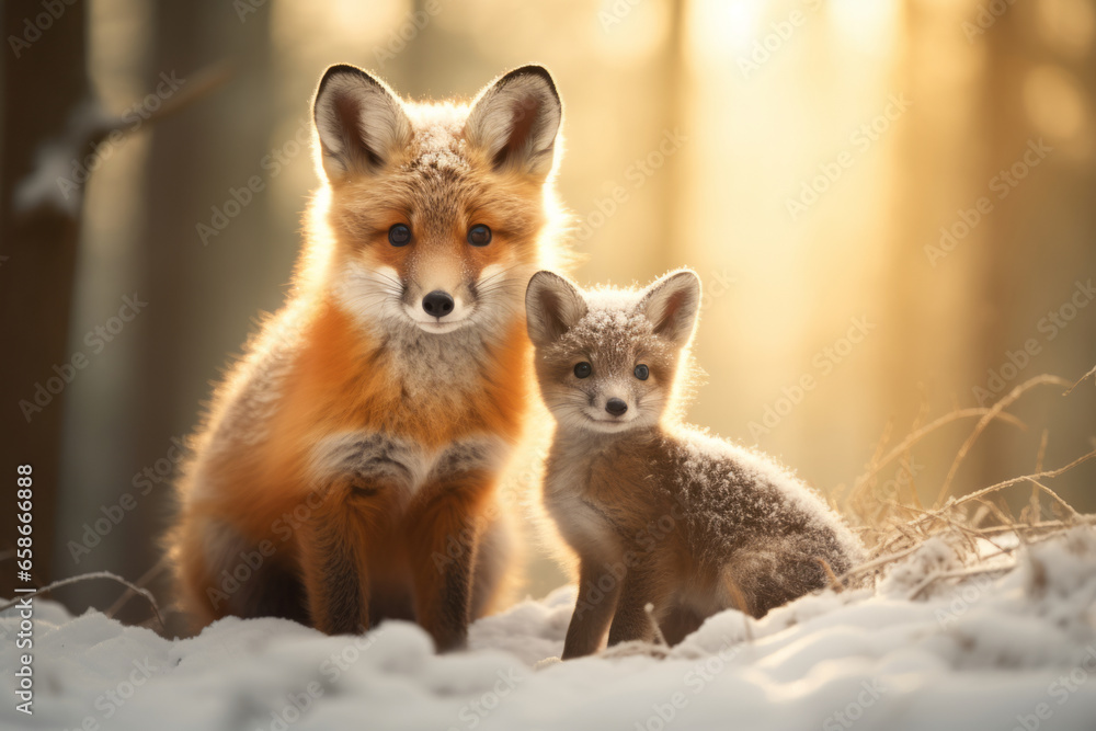 Fototapeta premium Cute fluffy red mama fox and baby fox in snowy winter forest on sunny evening. Wild animals in nature.