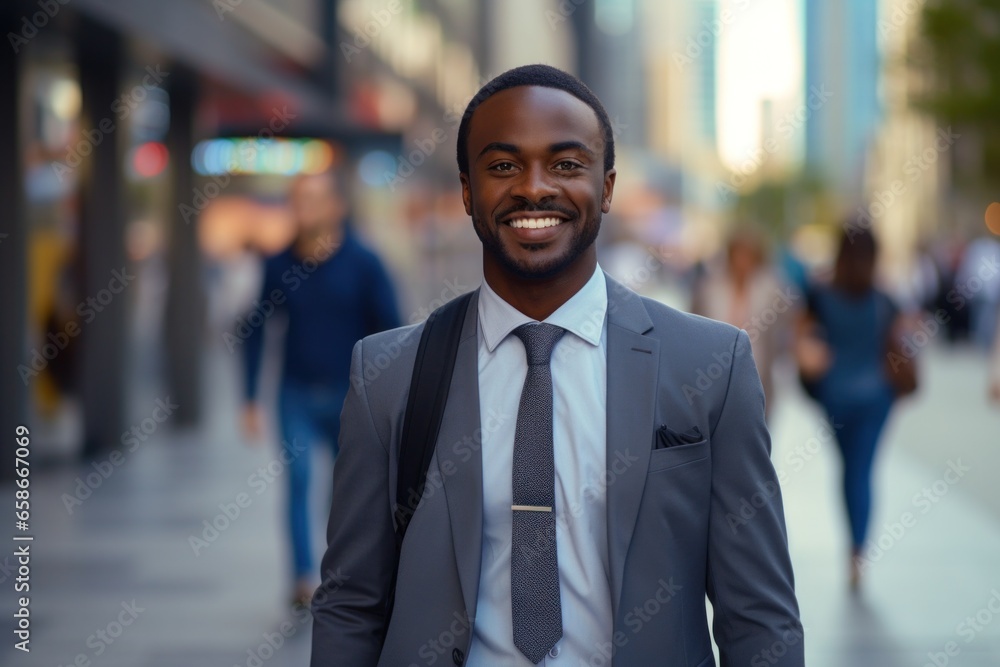 Black African American businessman smile happy face on city street