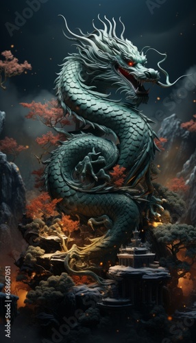 Mythological green dragon of Chinese culture as a sign of the new year. 