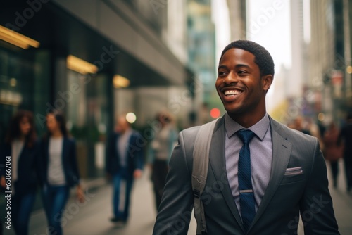 Black African American businessman smile happy face on city street © blvdone