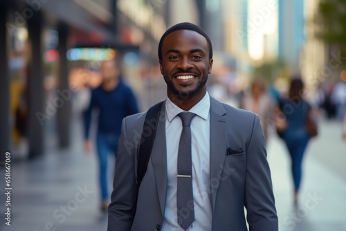 Black African American businessman smile happy face on city street