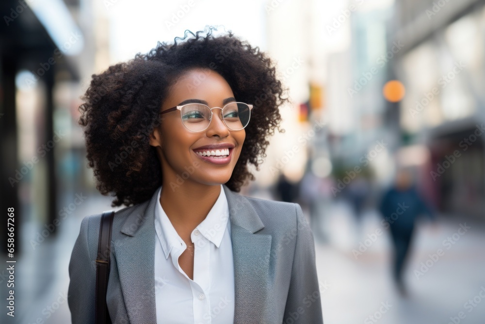 Obraz premium Black African American businesswoman smile happy face on city street
