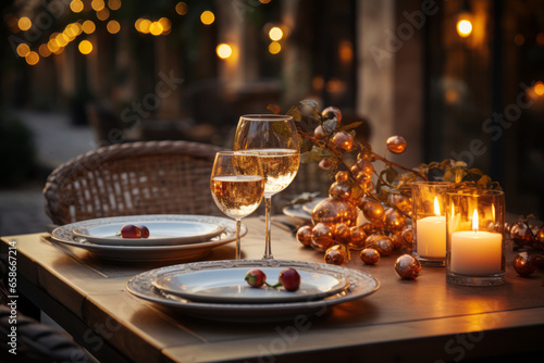 Christmas festive table setting with candles and holly berry plants. Celebrating New Year.