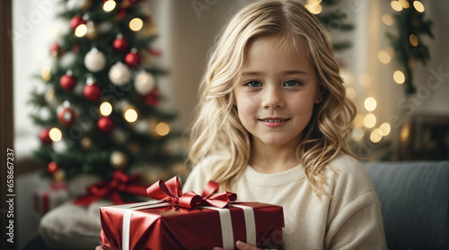 Young blond girl holds a gift in her hand at Christmas at her home © Melipo-Art
