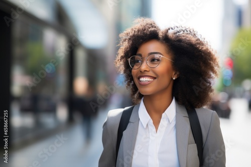 Black African American businesswoman smile happy face on city street