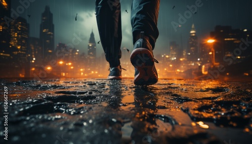 a man s feet in boots walk along a wet muddy road towards the night city.