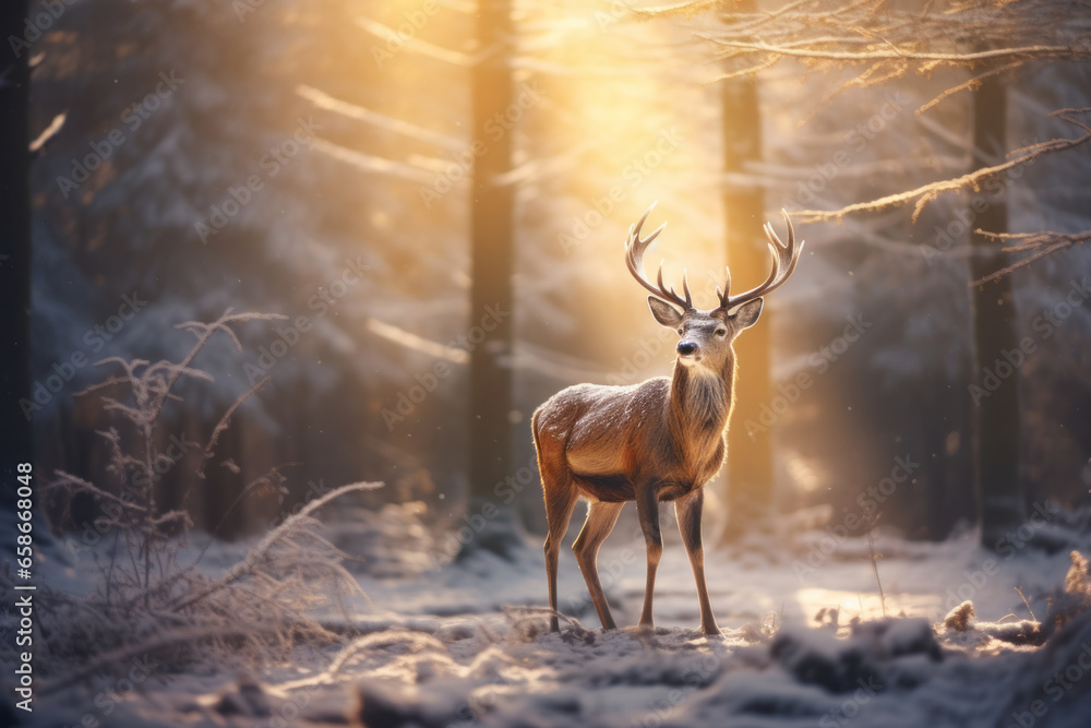 Mystic Christmas reindeer in wonderful winter forest. Stag among snowy trees on magical Christmas evening. - obrazy, fototapety, plakaty 