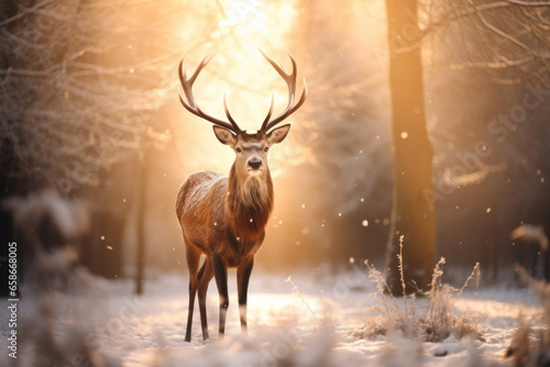 Mystic Christmas reindeer in wonderful winter forest. Stag among snowy trees on magical Christmas evening. © MNStudio