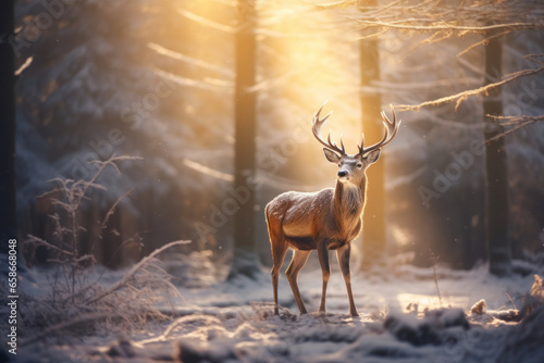 Mystic Christmas reindeer in wonderful winter forest. Stag among snowy trees on magical Christmas evening.