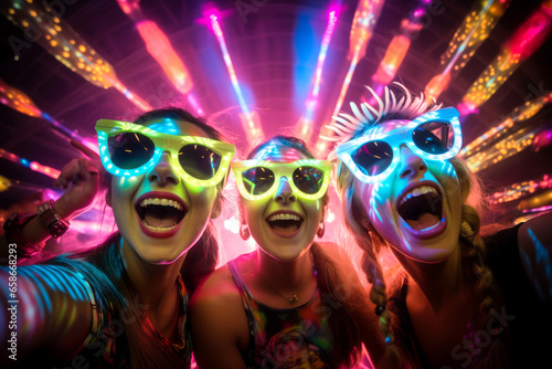 Cheerful young friends having fun at colorful rave party. Happy women and men enjoying themselves and dancing. Group of people at music concert.