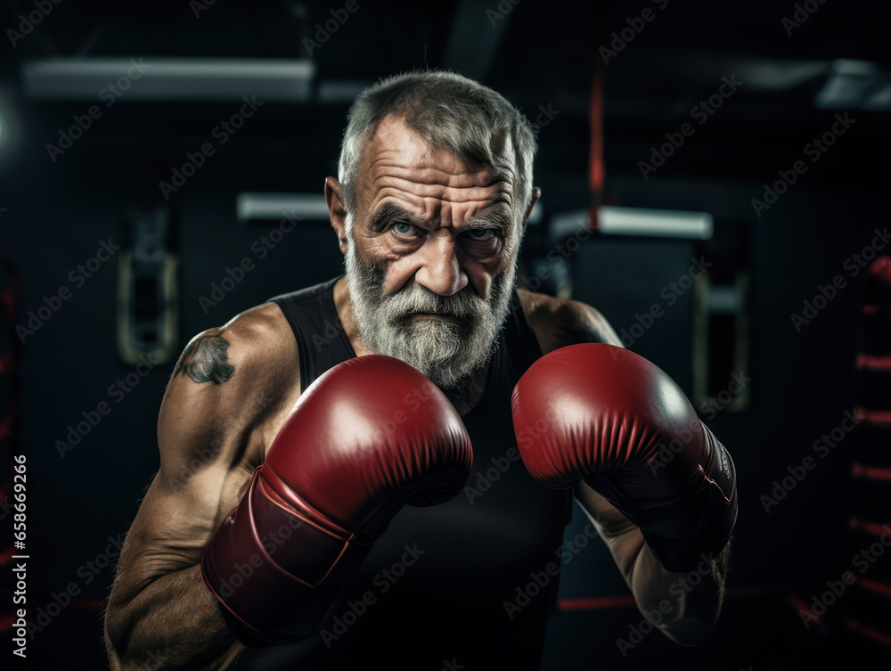 Portrait of senior man with boxing gloves in the ring