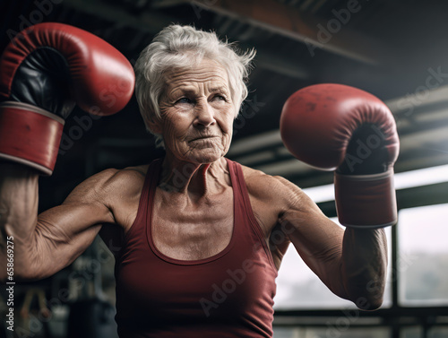 Portrait of senior woman with boxing gloves in the ring © Kedek Creative