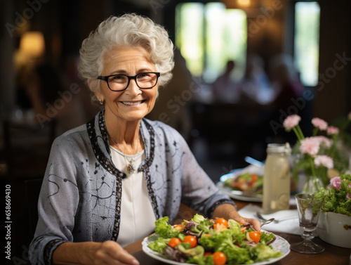 Smiling elderly women enjoying healthy lunch outdoors, health and happiness concept