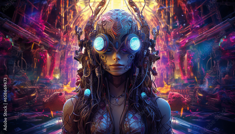 Fototapeta premium Hightech future of music and dance and djing in festivals with hitech music in psychedelic atmosphere