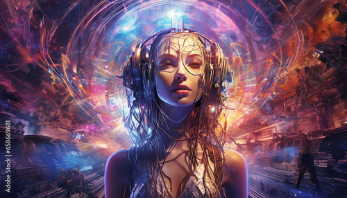 Hightech future of music and dance and djing in festivals with hitech music in psychedelic atmosphere