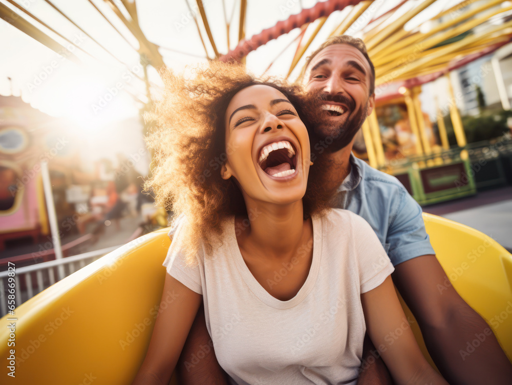 Excited African American couple enjoying thrilling and exciting rides at amusement park - obrazy, fototapety, plakaty 