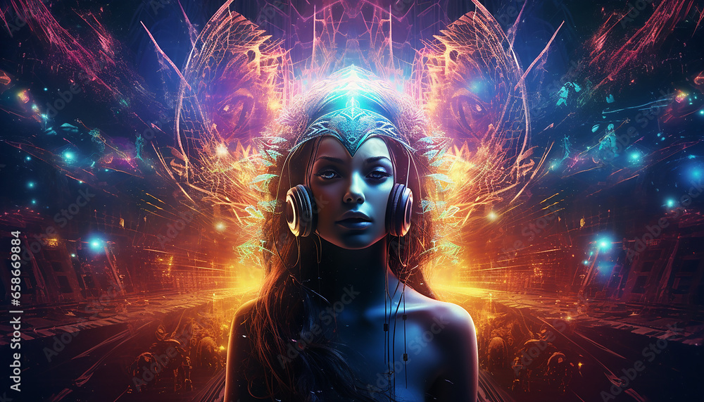Hightech future of music and dance and djing in festivals with hitech music in psychedelic atmosphere Hightech future of music and dance and djing in festivals with hitech music in psychedelic atmosphere