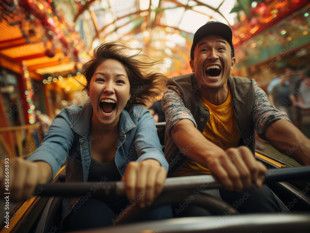 Excited Thai couple enjoying thrilling and exciting rides at amusement park Excited Thai couple enjoying thrilling and exciting rides at amusement park
