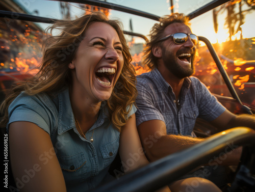 Excited couple enjoying thrilling and exciting car rides at amusement park