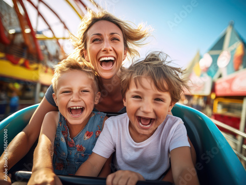 Excited Mom and Kids enjoying thrilling and exciting rides at amusement park