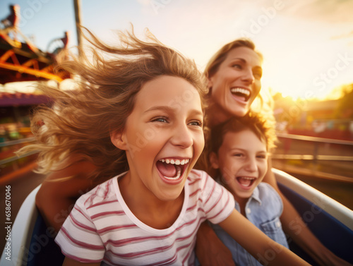 Excited Mom and Kids enjoying thrilling and exciting rides at amusement park