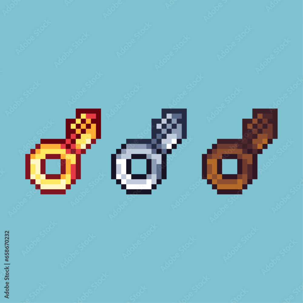 Obraz premium Pixel art sets of gold,silver,and wood key with variation color item asset. Simple bits of key on pixelated style. 8bits perfect for game asset or design asset element for your game design asset