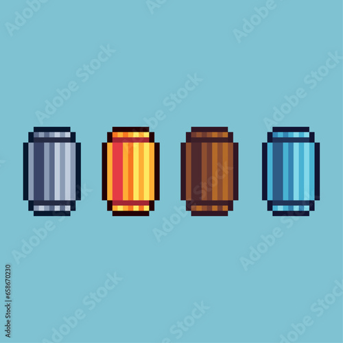 Pixel art sets of water can with variation color item asset. Simple bits of silver,gold can on pixelated style. 8bits perfect for game asset or design asset element for your game design asset