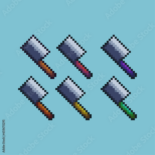 Pixel art sets of kitchen knife with variation color item asset. Simple bits of kitchen knife on pixelated style. 8bits perfect for game asset or design asset element for your game design asset