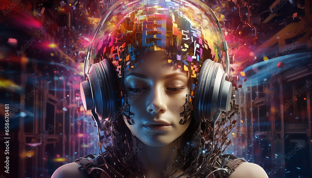 Obraz premium Hightech future of music and dance and djing in festivals with hitech music in psychedelic atmosphere