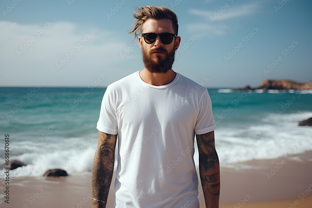 Man wearing a white t-shirt,  t-shirt mockup. Generative AI