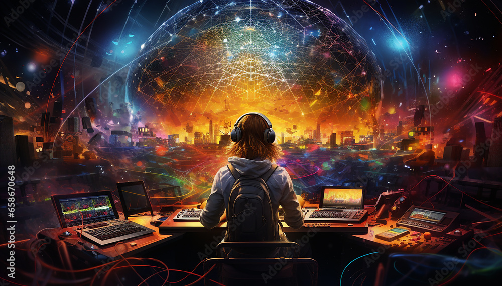Hightech future of music and dance and djing in festivals with hitech music in psychedelic atmosphere Hightech future of music and dance and djing in festivals with hitech music in psychedelic atmosphere
