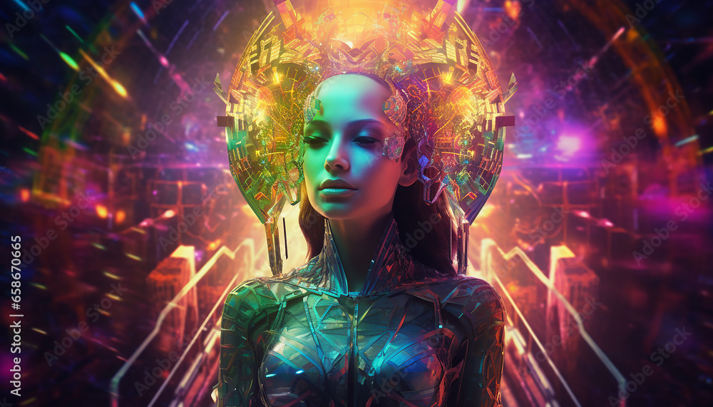 Hightech future of music and dance and djing in festivals with hitech music in psychedelic atmosphere Hightech future of music and dance and djing in festivals with hitech music in psychedelic atmosphere