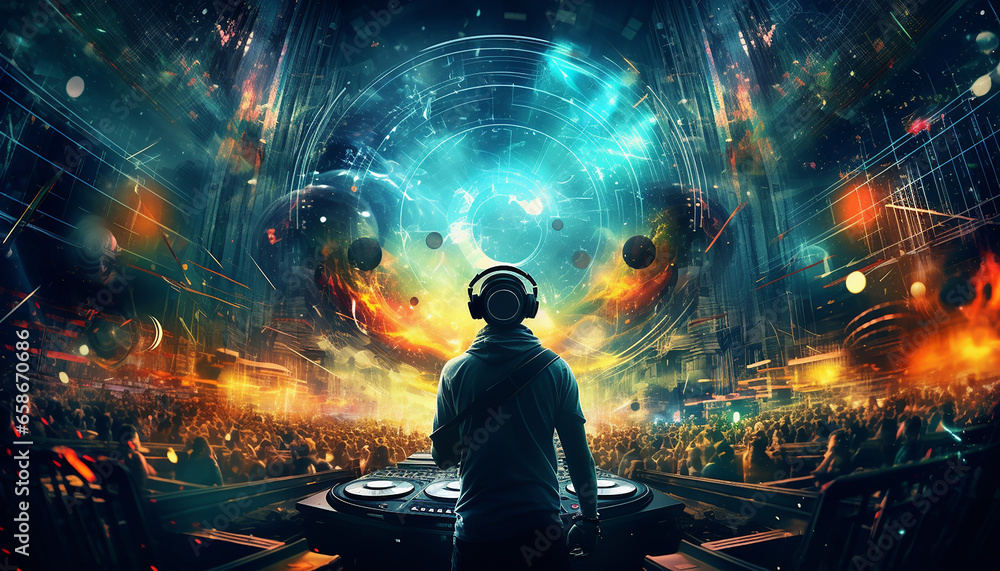 Hightech future of music and dance and djing in festivals with hitech music in psychedelic atmosphere Hightech future of music and dance and djing in festivals with hitech music in psychedelic atmosphere