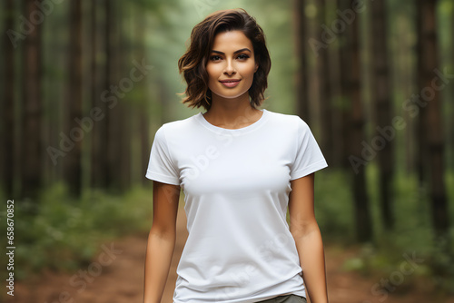 Beautiful woman wearing a white t-shirt, t-shirt mockup. Generative AI
