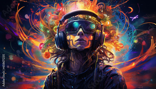 Hightech future of music and dance and djing in festivals with hitech music in psychedelic atmosphere