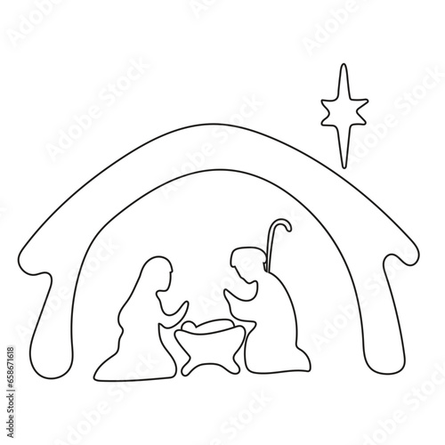 line drawing of born Jesus with Joseph and Mary illustration vector hand drawn isolated on white background