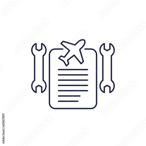 airplane repair list icon on white, line vector