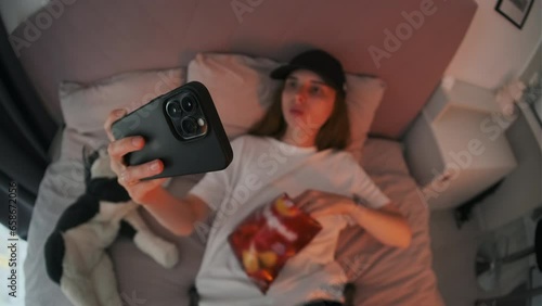 A girl in a cap lies on the bed, looks at her phone and eats chips. Procrastination in a young girl. The problem of humanity.