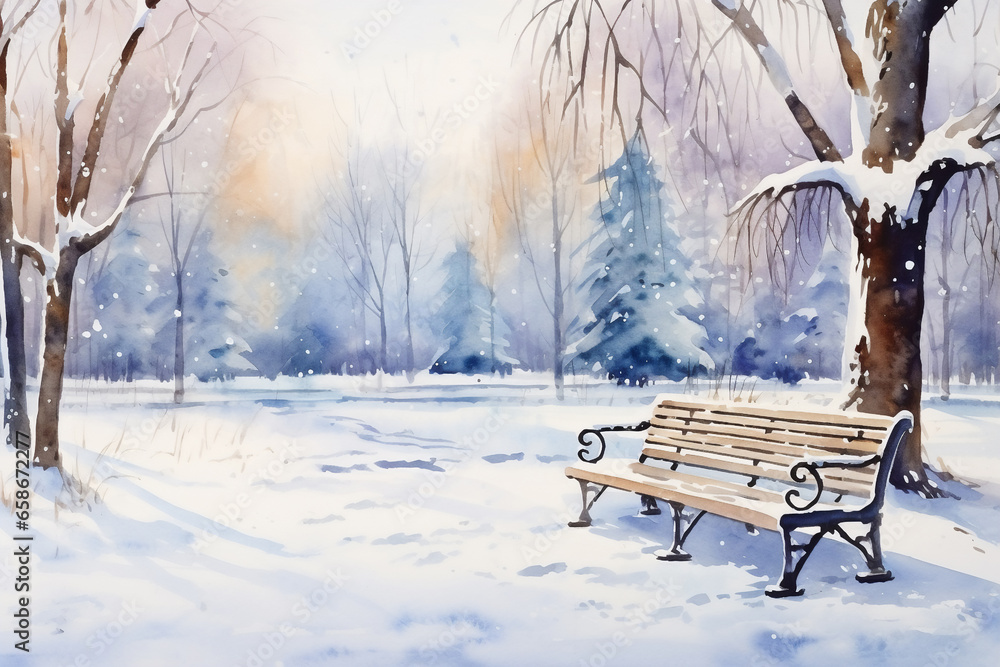 watercolor bench in park among the trees ground cover with snow .