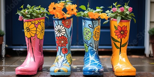 Brightly painted, rain boots used as flowers pots, concept of Vibrant repurposing photo