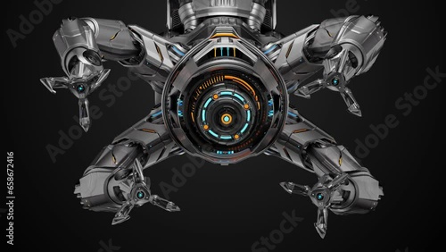 Futuristic machine manipulator equipped with multiple robotic arms for advanced works in nano technology or various space constructions. 3d rendering animation with alpha