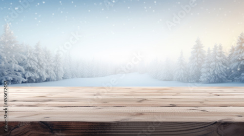 Christmas trees with bokeh light in snow with empty wooden table and festive bokeh at christmas time, generative ai © OP38Studio