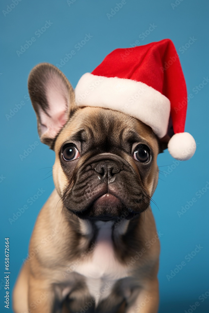 Fawn French Bulldog dog with red santa hat on blue background Fawn French Bulldog dog with red santa hat on blue background