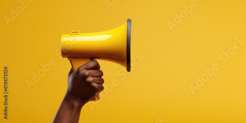 A man's hand holds a yellow megaphone on a yellow background which is symbol of advertising, PR and promotion, Alert, announcement, warning and advertising concept, Copy space, generative ai