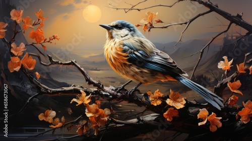 A small bird sitting on a branch of a flowering tree. Warm rays of the sun, dawn. © DreamPointArt