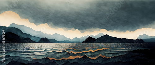 illustrazione con distesa d'acqua al tramonto, orizzonte con pesanti nuvole e montagne scure, tramonto