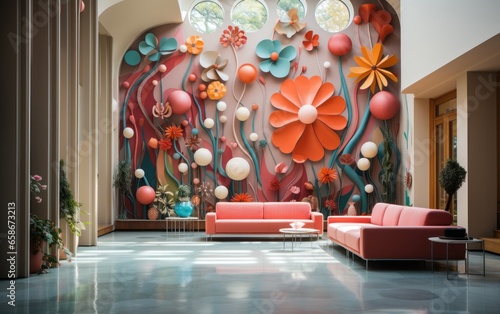 Living room, hall. Pink sofas, a large collage of flowers on the wall. photo