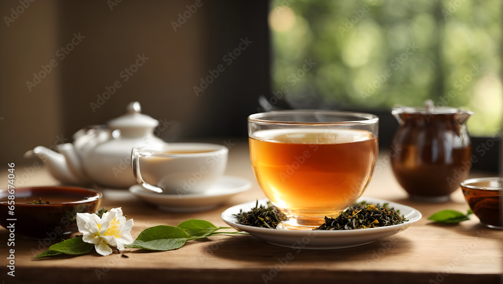 A tea with glass cup on wooden and peaceful morning scene with isolated in a light color background A tea with glass cup on wooden and peaceful morning scene with isolated in a light color background
