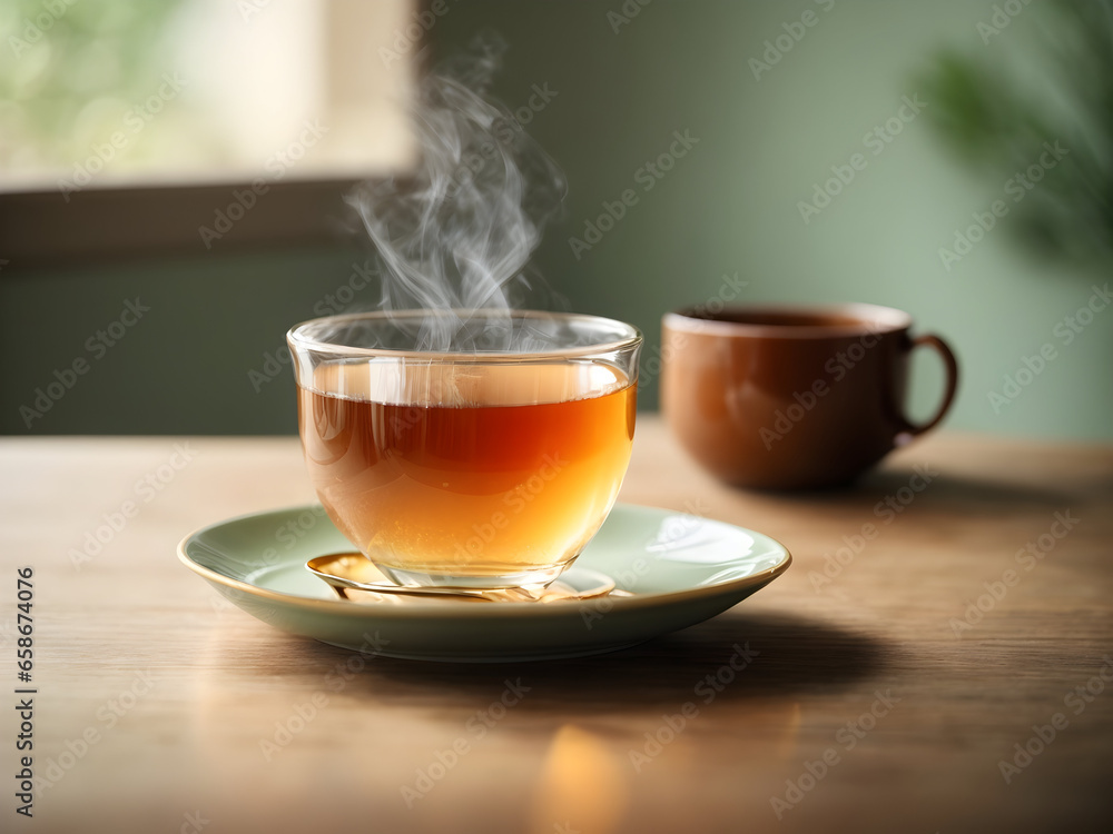 A tea with glass cup on wooden and peaceful morning scene with isolated in a light color background A tea with glass cup on wooden and peaceful morning scene with isolated in a light color background